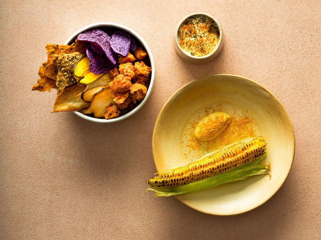 Homemade crisps with sweetcorn mousse and sea buckthorn chutney at Baar Baar Delhi pop-up