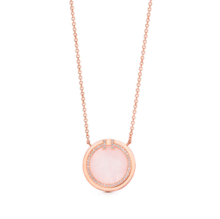 Tiffany T Diamond and Pink Opal Circle Pendant in 18K Rose Gold