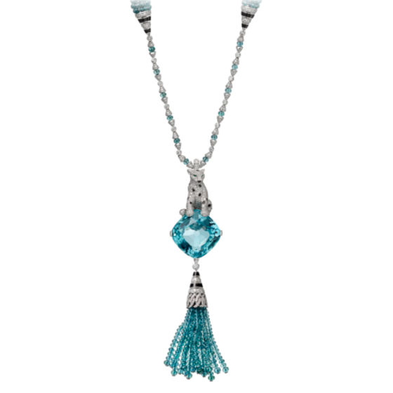 Cartier 'Panthère de Cartier' necklace in aquamarine, tourmaline, emerald, onyx, diamond and white gold