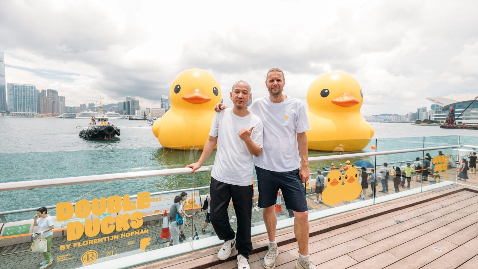 One of two giant rubber ducks in Hong Kong harbour deflates