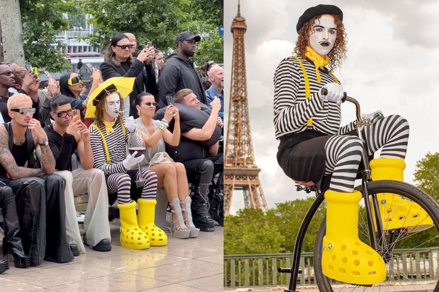 MSCHF and Crocs Reveal Big Yellow Boots at Paris Fashion Week