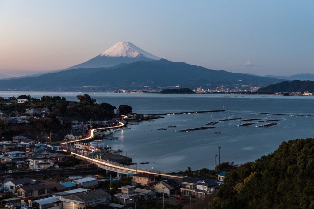 A evening moment of Mt. Fuji together with Numazu city.
