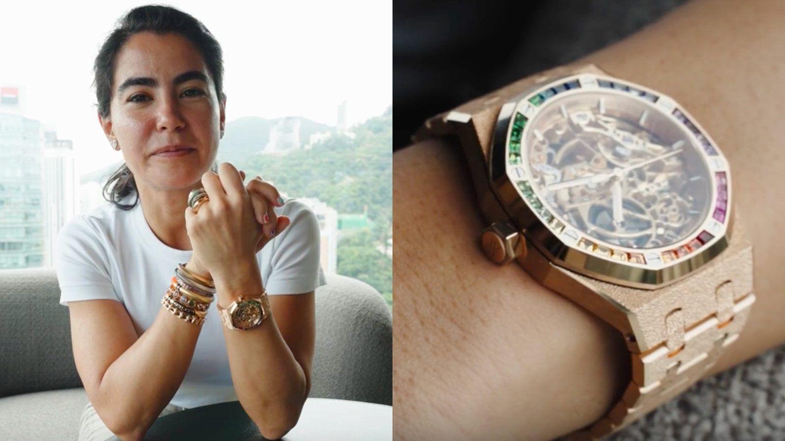 L/R WRIST: Nadine Ghosn pairs an insane openworked rainbow-sapphire Royal Oak