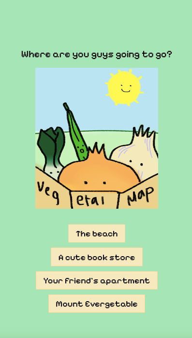 a screenshot of four vegetables looking at a map, from sophie liu's veggie id personality test