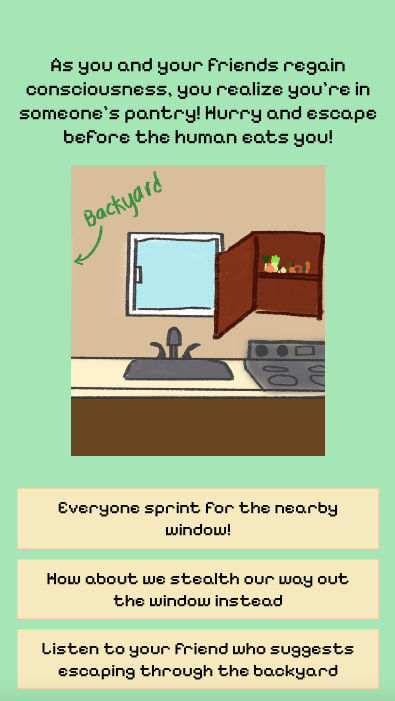 a screenshot of vegetables attempting an escape through a window, from sophie liu's veggie id personality test