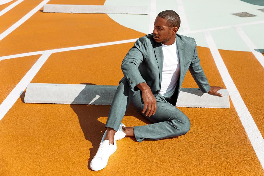 Men suit store with sneakers