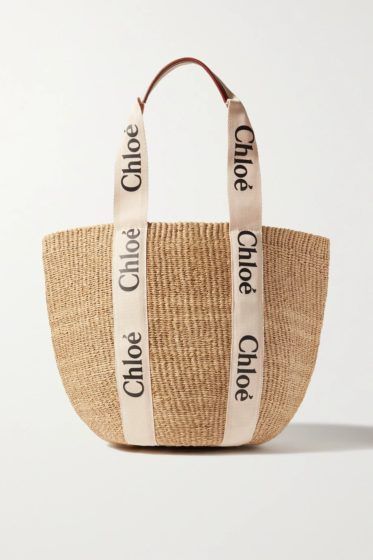 Chloé woody large printed canvas and leather-trimmed raffia tote