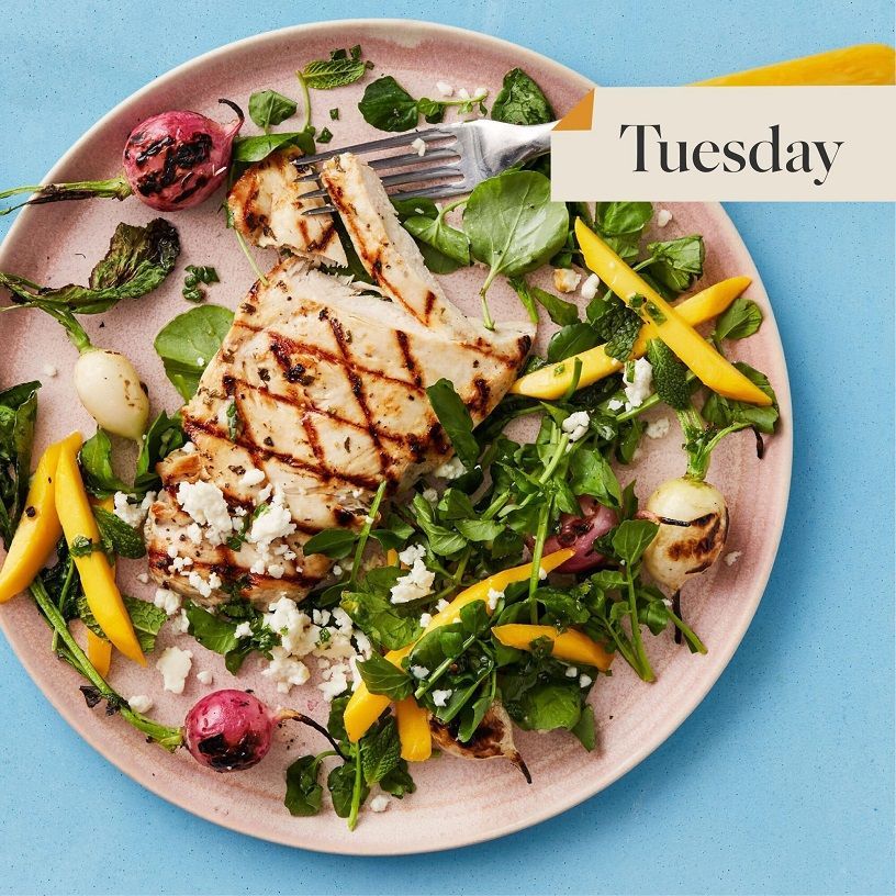 Grilled chicken with mango and mint-lime dressing