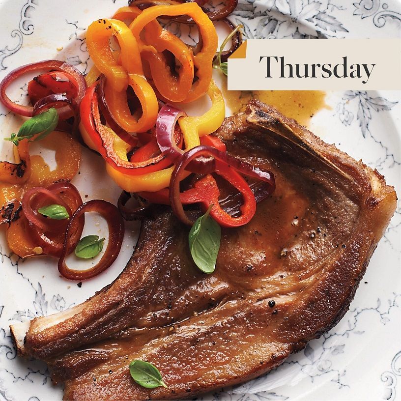 Pork rib chops with sweet peppers and basil
