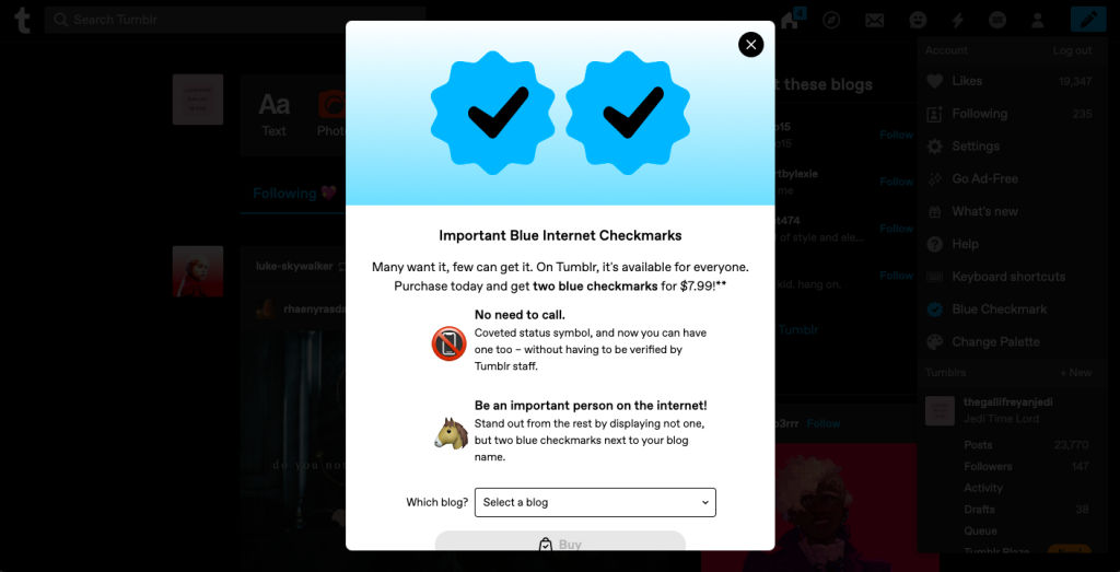 Tumblr is trolling Twitter by selling ‘Important Blue Internet Checkmarks’