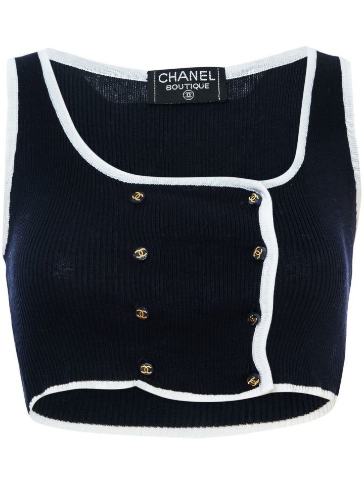 Chanel Pre-owned 1995 CC-buttons Ribbed Crop Top - Black