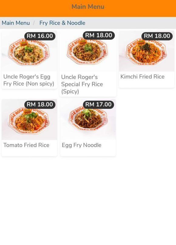 a screenshot of fried rice and fried noodle dishes offered at fuiyoh its uncle roger restaurant located in pavilion kuala lumpur