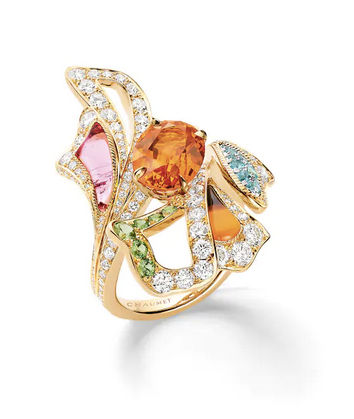 Chaumet ring in mandarin garnet, tsavorite garnet, Paraiba tourmaline, rubellite, carnelian, onyx and yellow gold
