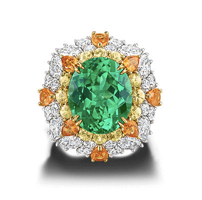 Harry Winston ring in diamond, tsavorite garnet, yellow sapphire and Mandarin garnet
