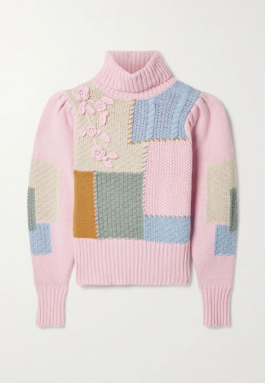 LoveShackFancy appliquéd patchwork knitted turtleneck sweater