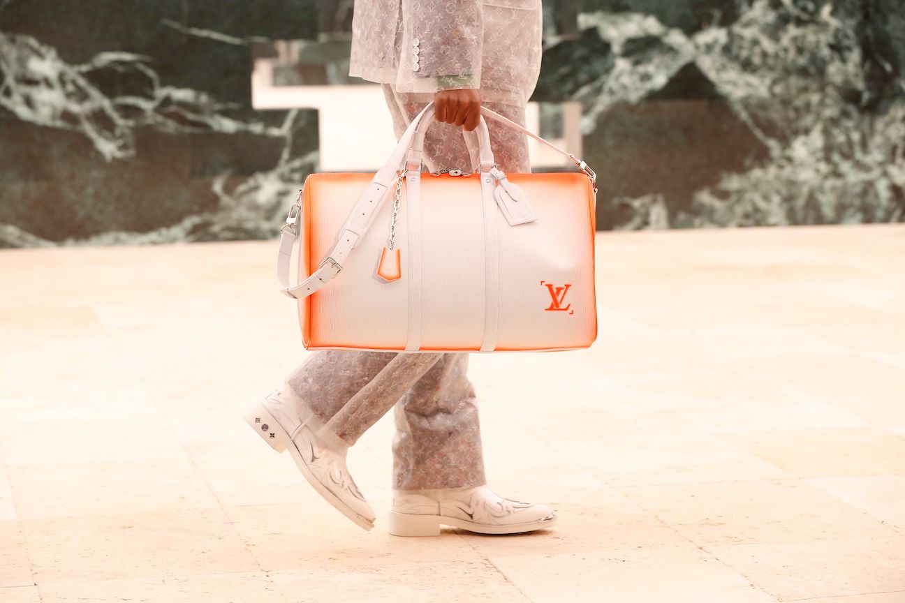 Louis Vuitton, Bags, Louis Vuitton Virgil Abloh Keepall Bandouliere 5  Monogram Brown Orange Chain