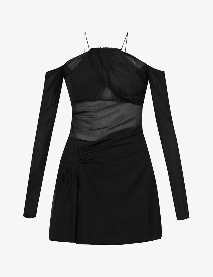 Halter-neck cut-out crepe and mesh mini dress