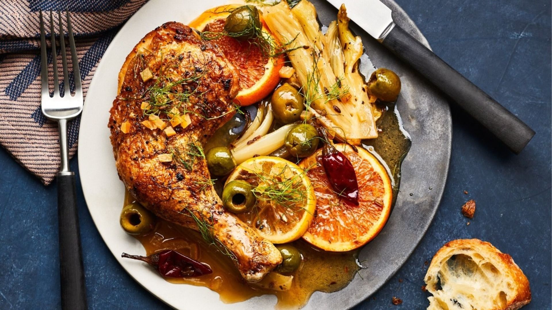 Recipe: Braised citrus-and-fennel chicken with olives and Calabrian chillies