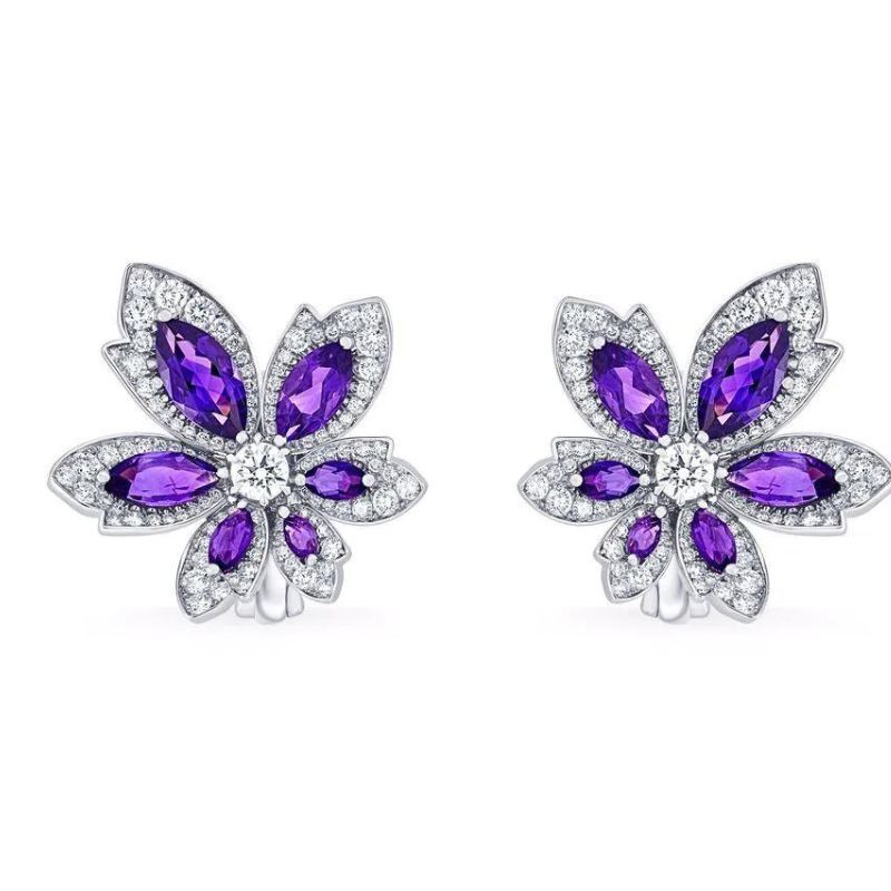 David Morris Palm Flower Amethyst and White Diamond Small Earrings