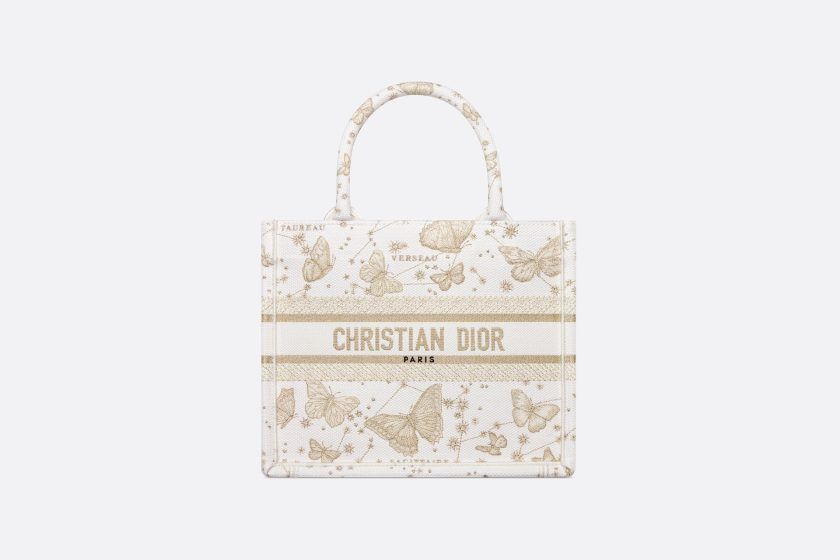 Dior Small Book Tote in Gold Tone with White Butterfly Zodiac Embroidery