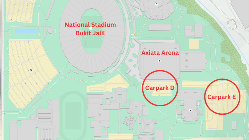 武吉加里尔运动场地图，标明哪些停车场最方便前往即将在马来西亚吉隆坡举行的 IU HEREH 世界巡回演唱会