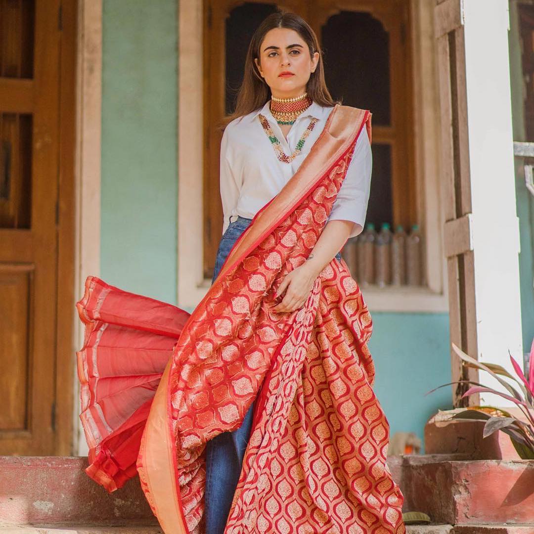 Bandhej Pre Draped Saree With Spaghetti Shirt as seen on Taapsee Pannu –  Aapro