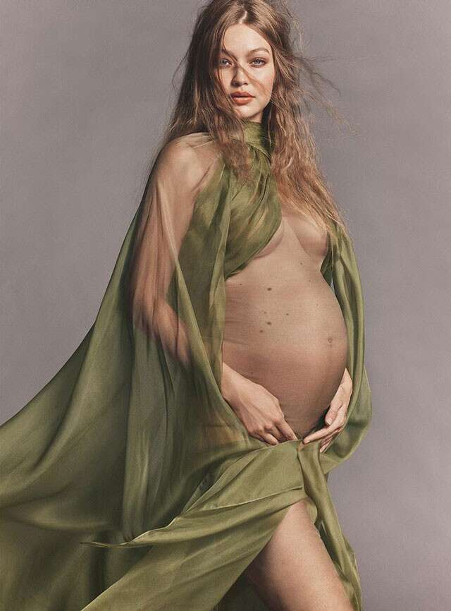 Gigi Hadid in an olive green sheer crossover halter dress. Image: Courtesy Gigi Hadid Instagram.