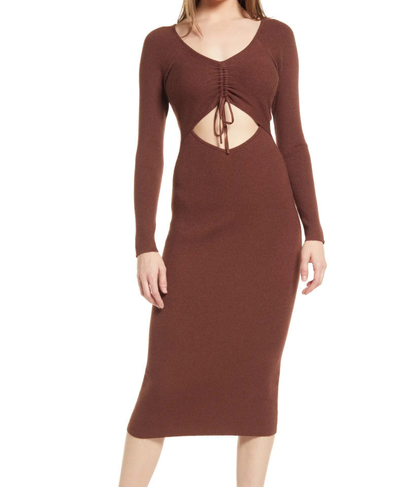 All in Favour Gathered Front Cutout Long Sleeve Rib Midi Dress