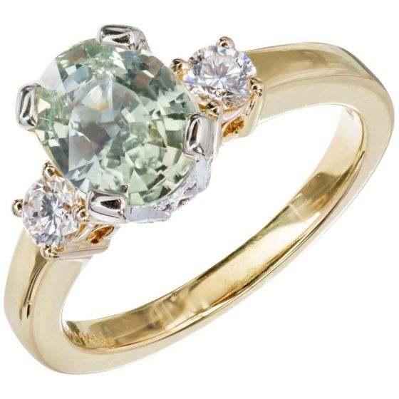 Natural Green Sapphire Diamond Gold Three-Stone Engagement Ring