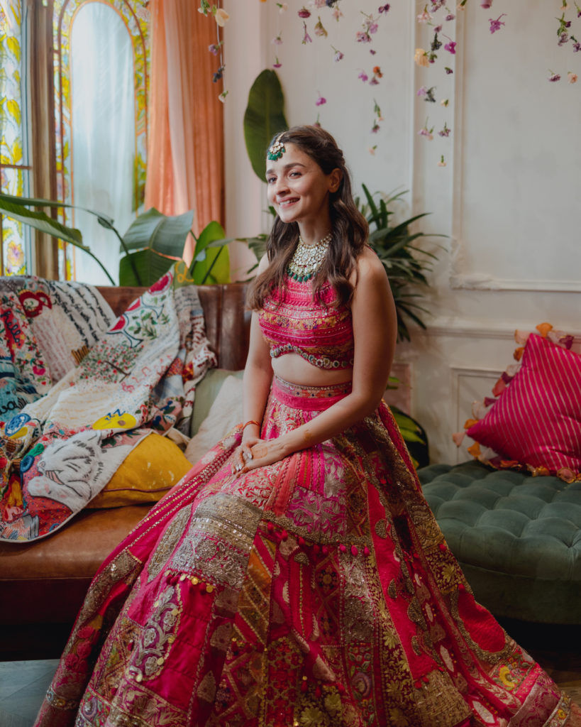 Alia Bhatt in a custom-made Manish Malhotra patchwork lehenga