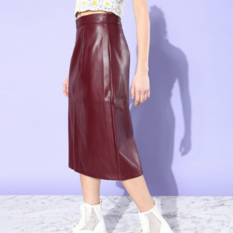 Commando Faux Patent Leather Midi Burgundy Skirt - Clothing from