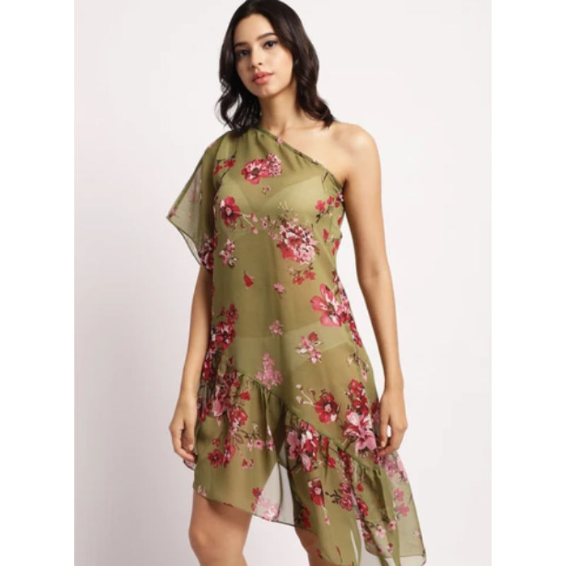 Green Color Tropical Printed Georgette Coverup Beachwear For Woman