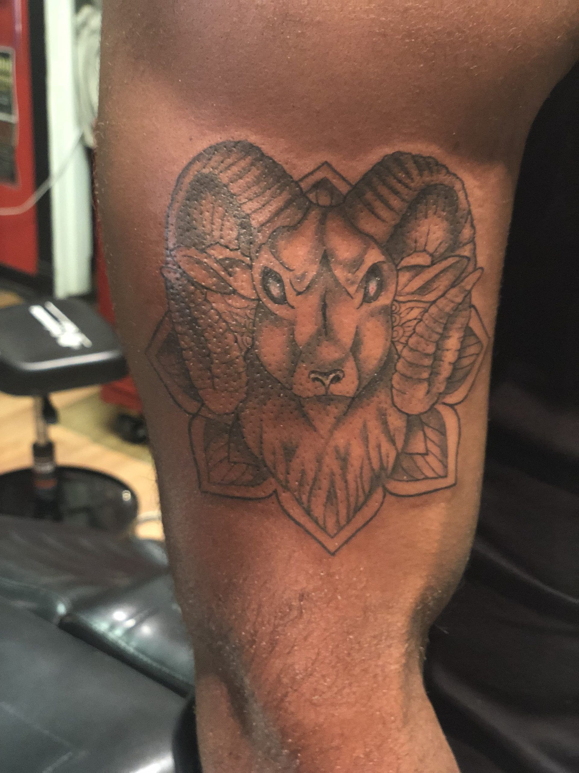A zodiac tattoo consisting of cancer and taurus symbols on back side of  right leg on Craiyon