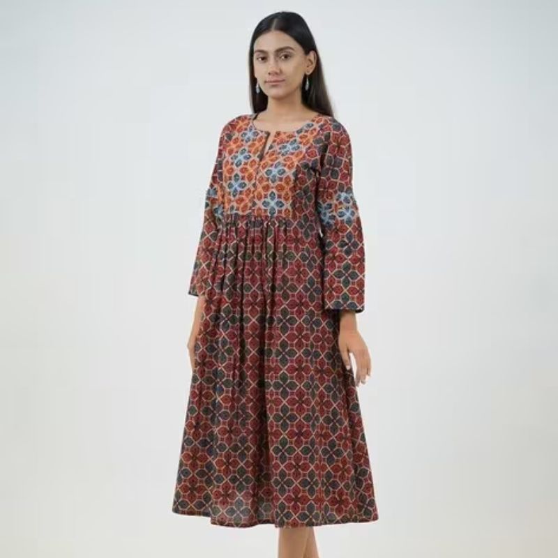 Women Red Festive Ajrakh Hand Block Cotton Printed Anarkali - Noor