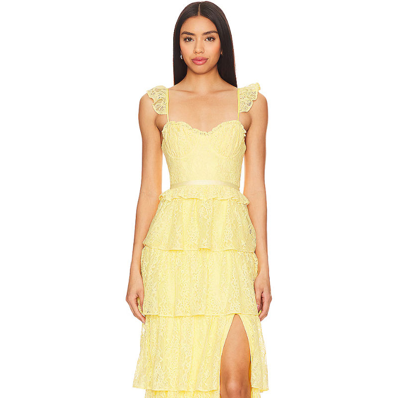 fitted lace wedding dress Pleated One Shoulder Bardot Fit And Flare Maxi Dress - Butter Yellow