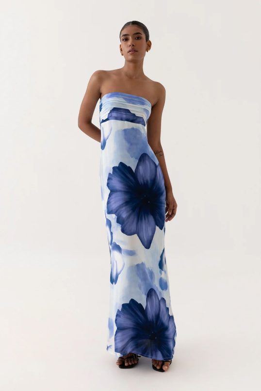blue and white dresses for women French Blue White Floral Dress Large / Pink/Blue