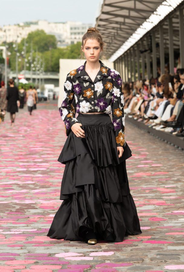 CHANEL FW2023/24 デニム シャツ 黒 花柄 直営店 長袖 コットン 